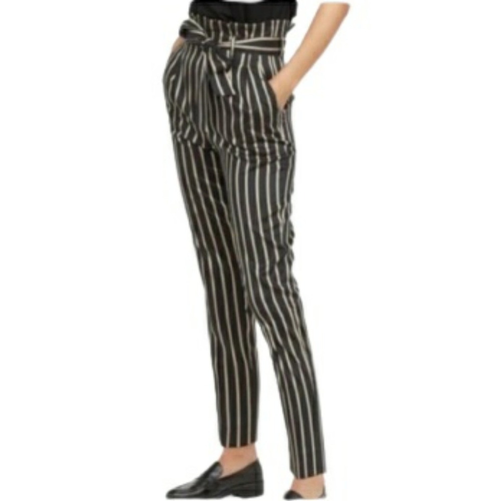 NEW Paperbag High Rise Belted Striped Ankle Pants by H&M Size 6 Navy Blue White